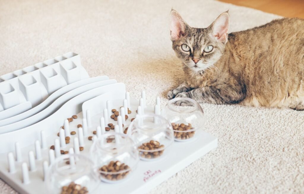 Cat using a puzzle feeder to stay mentally engaged, demonstrating how enrichment helps redirect attention-seeking behavior — 5 Ways to Redirect Your Cat’s Attention-Seeking Behavior