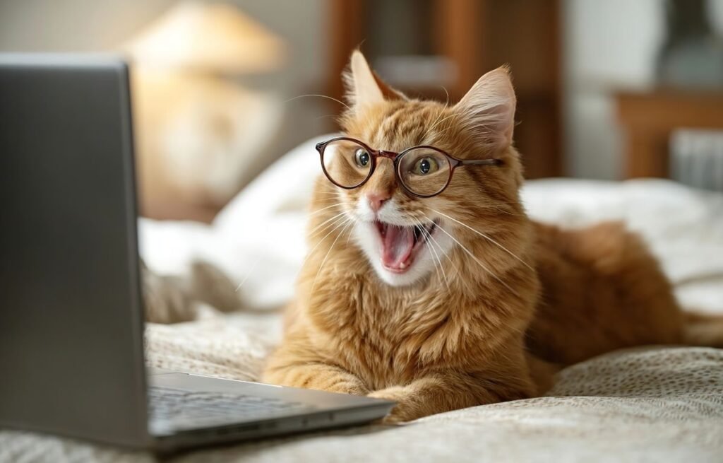 Ginger cat wearing glasses while reacting to a laptop, illustrating playful attention-seeking behavior — 5 Ways to Redirect Your Cat’s Attention-Seeking Behavior