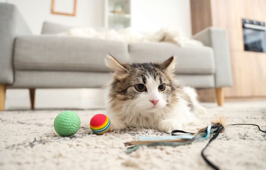 Calm cat resting near interactive toys in a quiet home environment, showing gentle play as a safe way to build confidence – How to Encourage Trust-Building in Shy Cats

